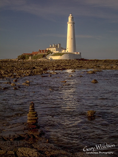 St. Mary's Island Lighthouse and small stack. Landscape photography by Gary Waidson.